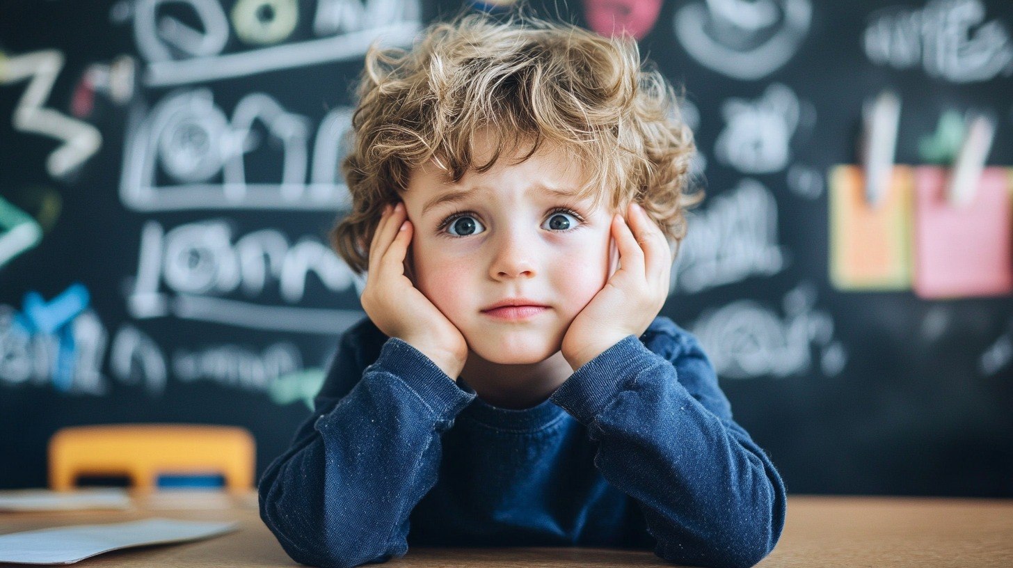 Child at a desk resting their face in their hands