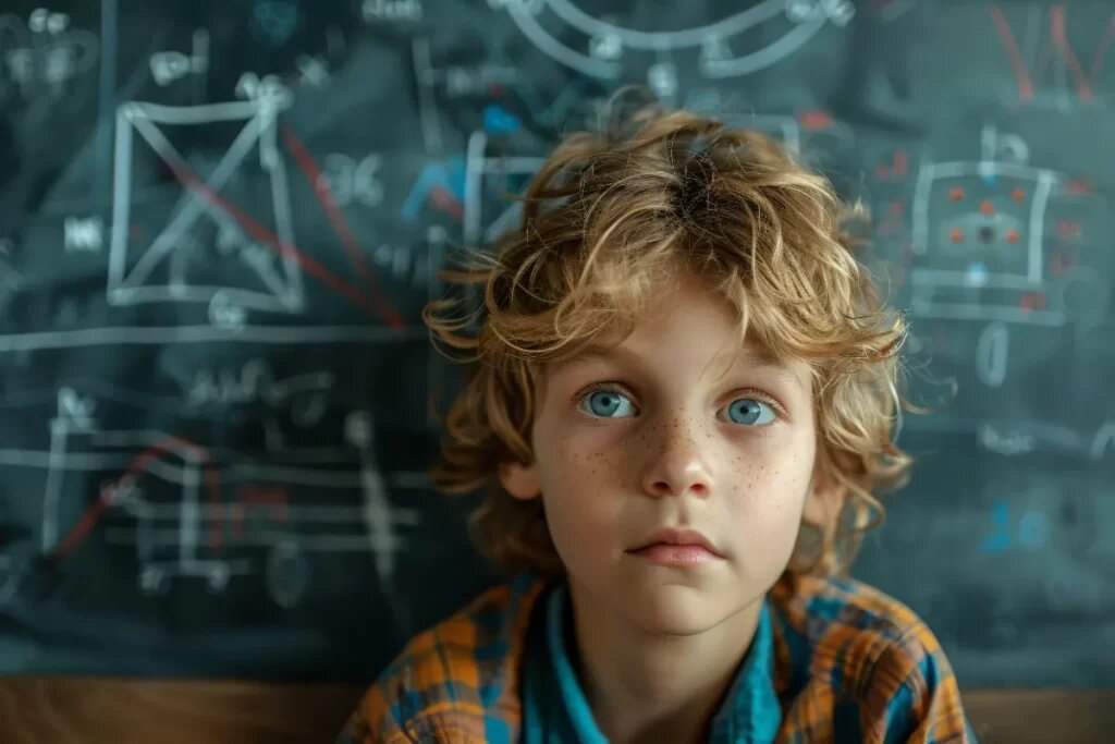 Child in front of a classroom blackboard