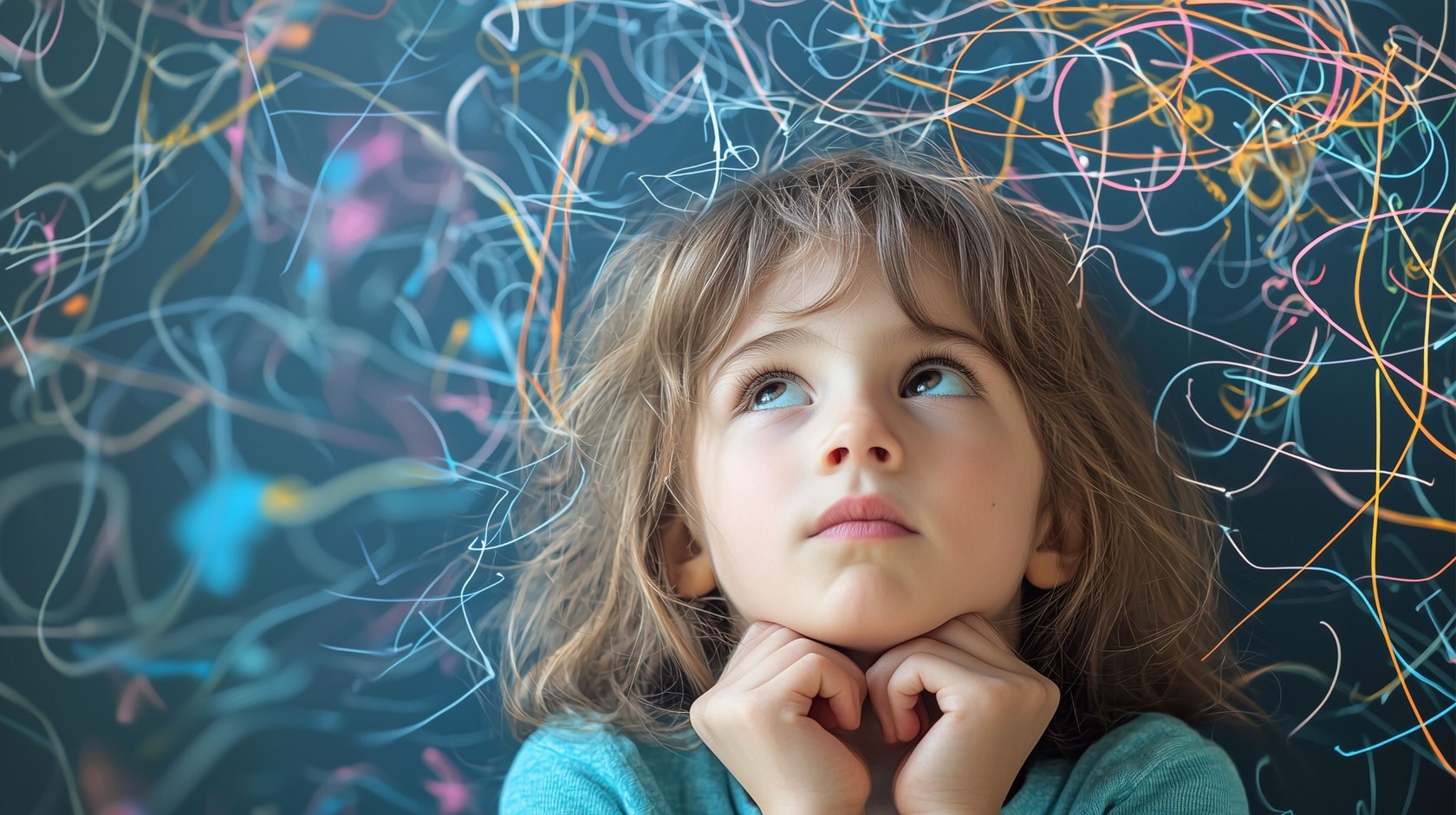 Child looking up beneath a network of colourful lines