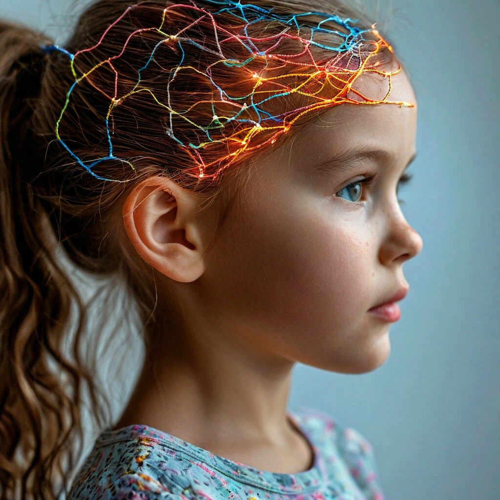 Conceptual side portrait of a child with coloured threads