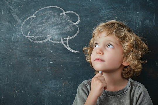 Child beside a chalk-drawn thought bubble