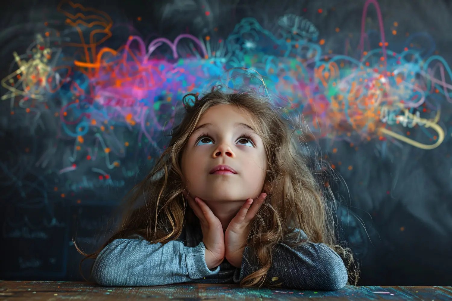 Child looking up at colourful drawings on a blackboard