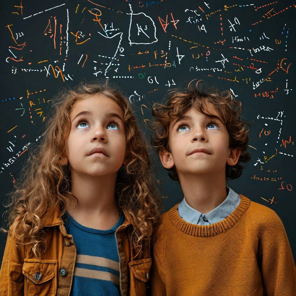 Two children looking up at chalk drawings
