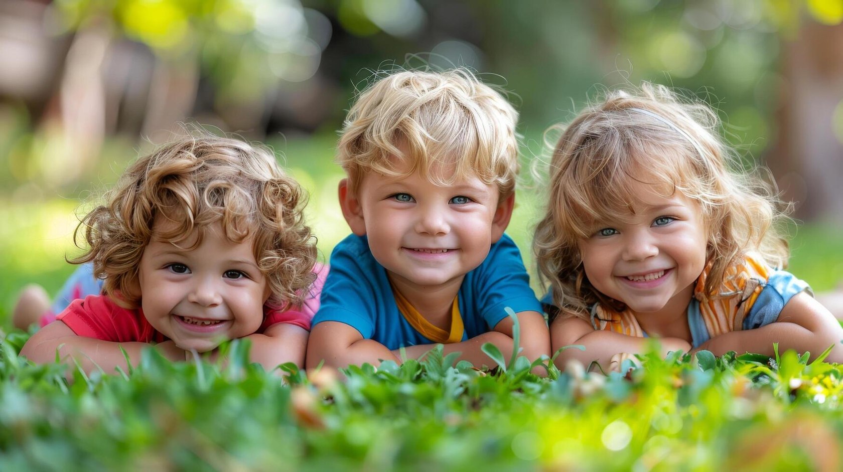 Illustration of three children lying together on grass