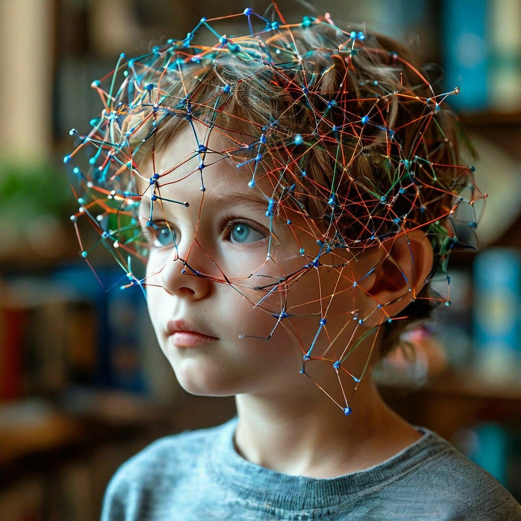 Conceptual portrait of a child with a colourful network of threads