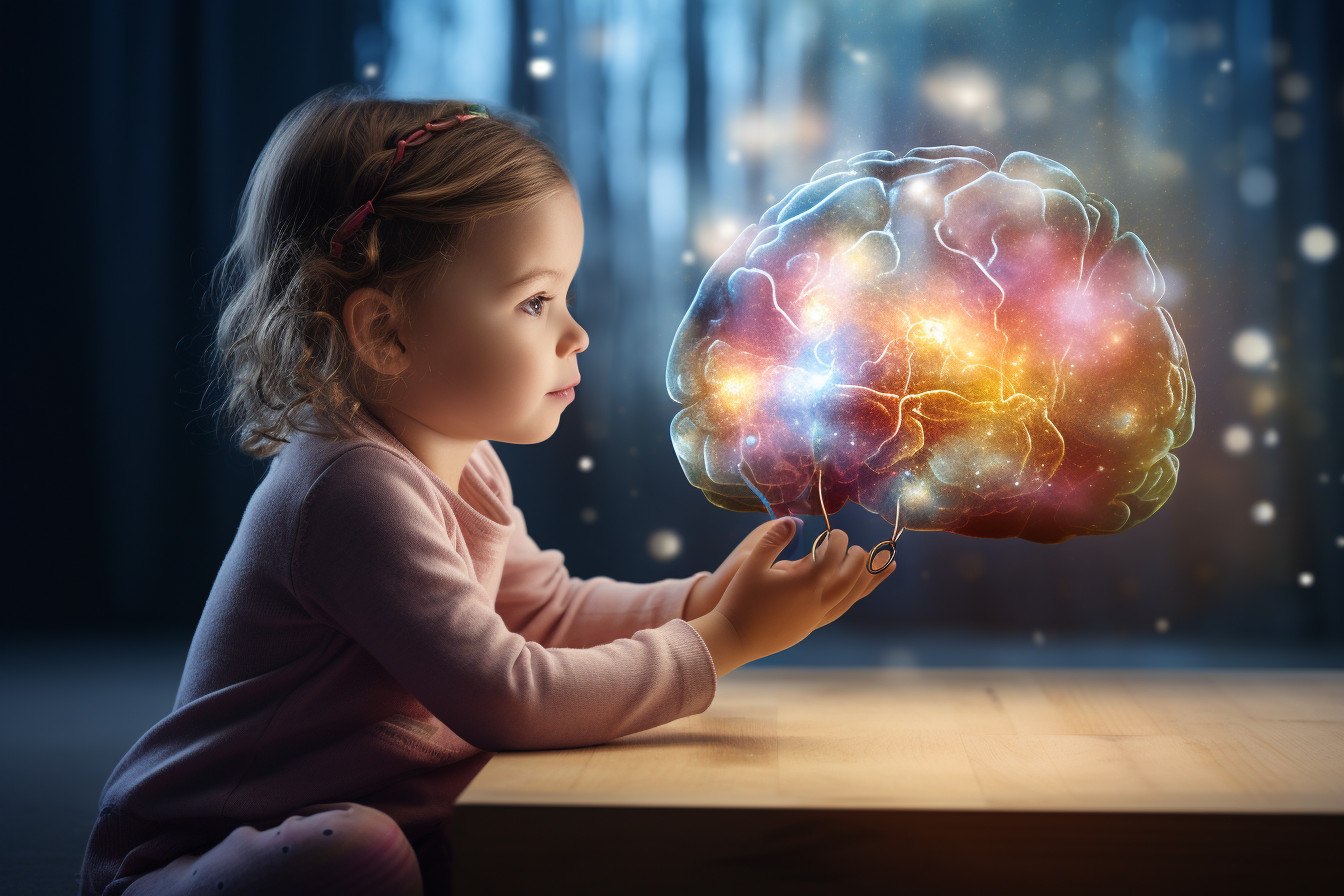 Conceptual illustration of a child exploring a glowing model of a brain