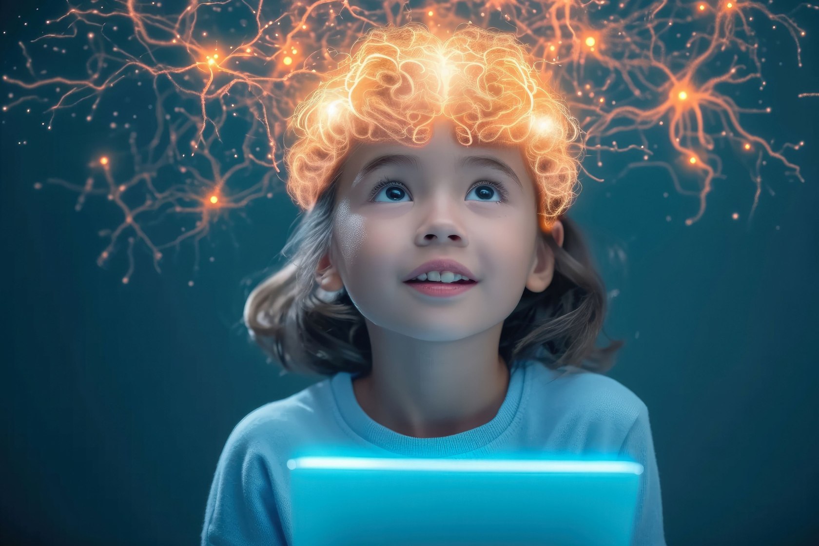 Conceptual illustration of a child, a tablet and glowing connections