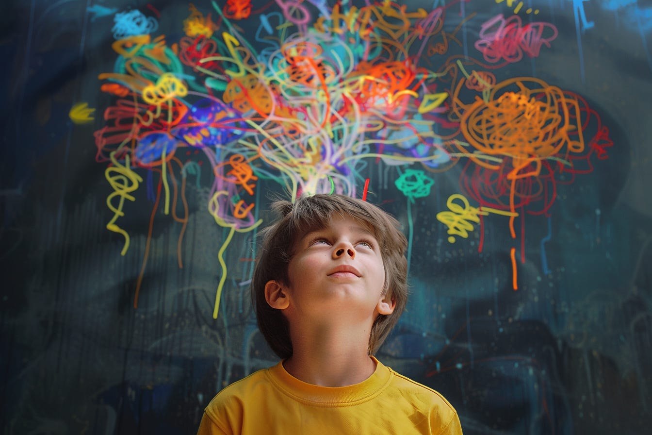 Child in a yellow shirt looking up at colourful chalk drawings