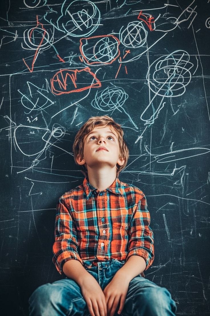 Seated child looking up at a blackboard filled with drawings